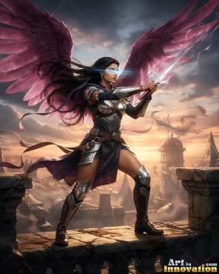 Winged woman in armor raises a sword on a stone wall overlooking a city