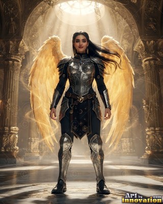 A polished silver breastplate on a feathered woman standing under sunlight in a stone hall