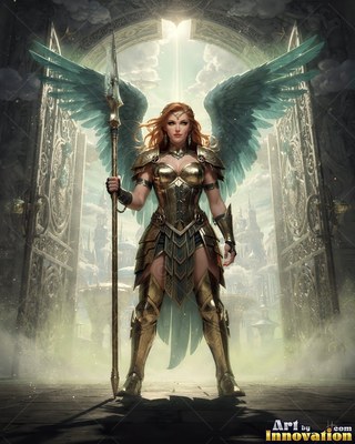 A woman with wings stands holding a spear before tall open gates in pale golden light