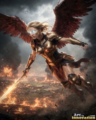 Flying low over a burning battlefield, a woman in bronze armor grips a fiery sword