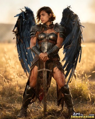 A woman in metal armor with blue wings leans on a sword in a dry field