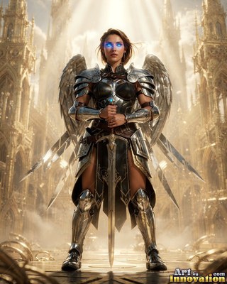 In a golden cathedral, an armored woman with wings rests both hands on a long sword