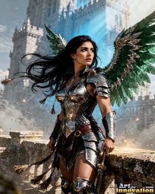Standing on a stone wall, a woman in steel armor spreads green feathered wings
