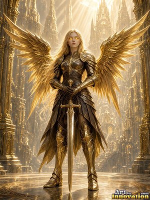 Woman with wings in polished gold armor rests her hands on a sword hilt