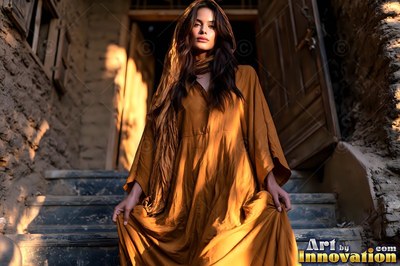 A woman in a rust linen dress on the worn stone steps of a mudbrick house in Giza, warm light spilling from the open doorway behind her