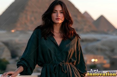 A woman at the edge of a Giza spice market, heaped paprika and cumin in the stalls and warm bounce light off the sandstone walls