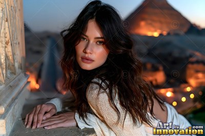 Woman resting her hands on a stone parapet above the Giza causeway, the pyramids and the Sphinx low on the horizon behind her