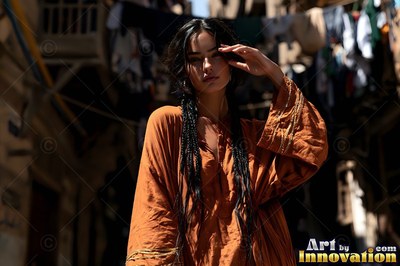 A woman in a rust linen dress on the worn stone steps of a mudbrick house in Giza, warm light spilling from the open doorway behind her