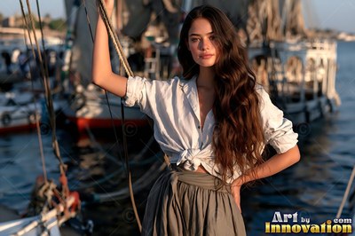 Woman on the open deck of a felucca on the Nile, a linen scarf around her shoulders and the far bank a thin gold line behind her