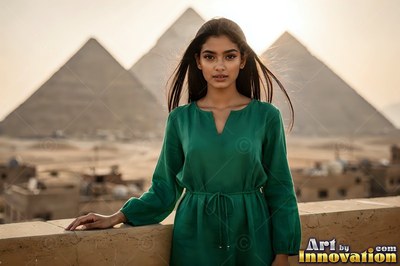 A woman at the edge of a Giza spice market, heaped paprika and cumin in the stalls and warm bounce light off the sandstone walls
