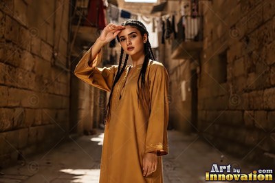 A woman at the edge of a Giza spice market, heaped paprika and cumin in the stalls and warm bounce light off the sandstone walls