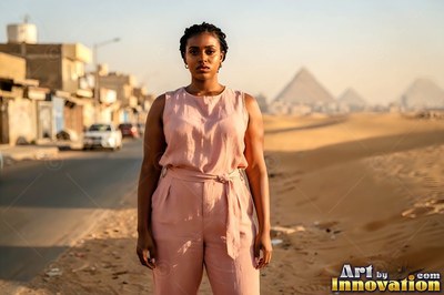 A woman in a rust linen dress on the worn stone steps of a mudbrick house in Giza, warm light spilling from the open doorway behind her