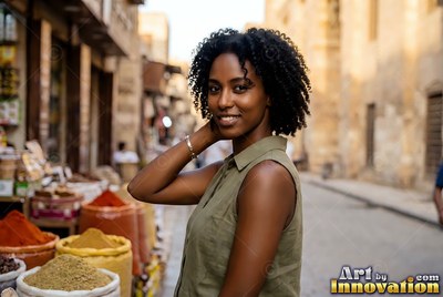 A woman at the edge of a Giza spice market, heaped paprika and cumin in the stalls and warm bounce light off the sandstone walls