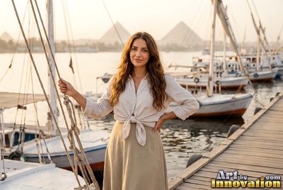 Woman on the open deck of a felucca on the Nile, a linen scarf around her shoulders and the far bank a thin gold line behind her