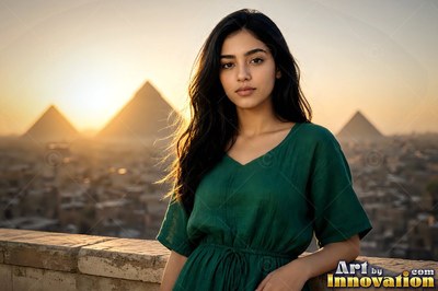 A woman at the edge of a Giza spice market, heaped paprika and cumin in the stalls and warm bounce light off the sandstone walls