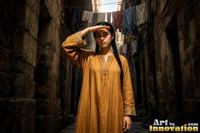 A woman at the edge of a Giza spice market, heaped paprika and cumin in the stalls and warm bounce light off the sandstone walls