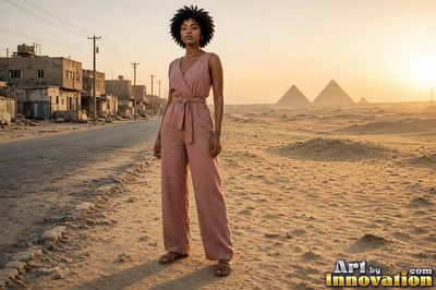 A woman in a rust linen dress on the worn stone steps of a mudbrick house in Giza, warm light spilling from the open doorway behind her