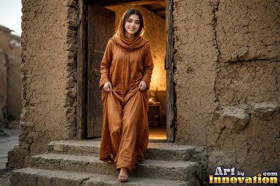 A woman at the edge of a Giza spice market, heaped paprika and cumin in the stalls and warm bounce light off the sandstone walls