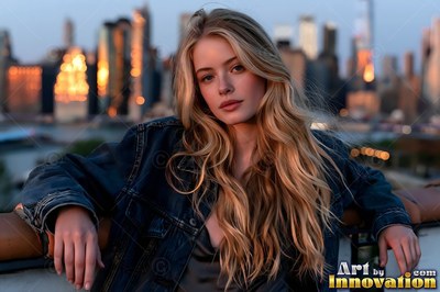 A woman leaning on a Brooklyn rooftop parapet as the Manhattan skyline catches fire across the river at sunset