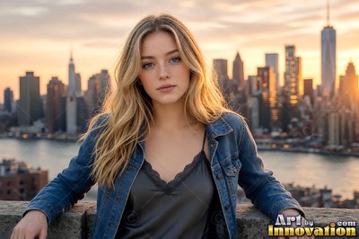 A woman leaning on a Brooklyn rooftop parapet as the Manhattan skyline catches fire across the river at sunset
