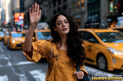 Woman on a midtown crosswalk with a hand raised for a cab, yellow taxis stopped in the traffic behind her