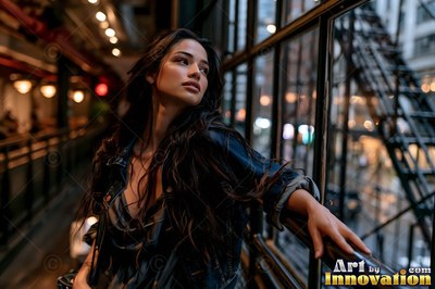 A woman leaning on a Brooklyn rooftop parapet as the Manhattan skyline catches fire across the river at sunset