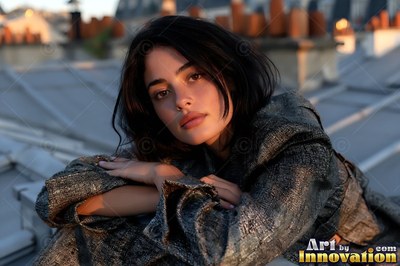 A woman resting both hands on a wrought iron balcony rail above a Paris boulevard in even gray light