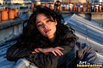 Woman on a zinc rooftop in the 18th in Paris, chimney pots running away behind her as golden hour turns the zinc warm
