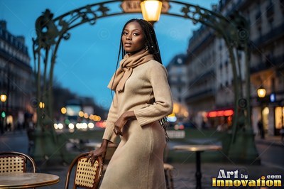 Woman crossing a Paris bridge at sunset, the river and the sky gone to the same amber behind her