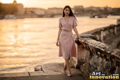 Woman on a zinc rooftop in the 18th in Paris, chimney pots running away behind her as golden hour turns the zinc warm