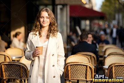 Woman crossing a Paris bridge at sunset, the river and the sky gone to the same amber behind her