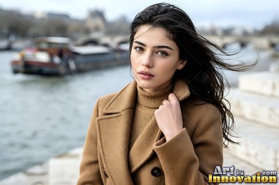 A woman on the Seine quay steps in a camel coat, a barge going by on the water behind her and the stone bright beyond