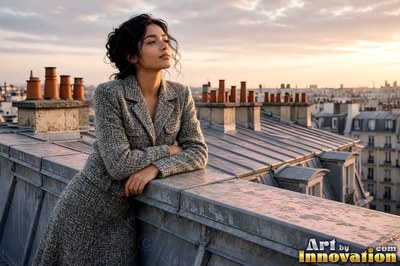 Woman crossing a Paris bridge at sunset, the river and the sky gone to the same amber behind her
