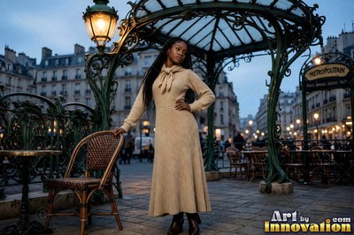 Woman crossing a Paris bridge at sunset, the river and the sky gone to the same amber behind her