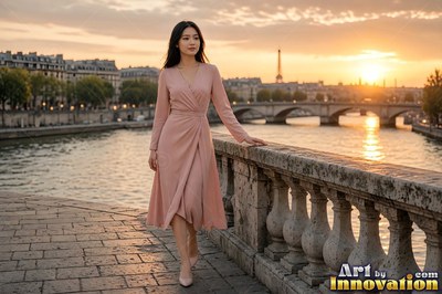 Woman on a zinc rooftop in the 18th in Paris, chimney pots running away behind her as golden hour turns the zinc warm