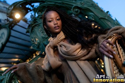 Woman on a zinc rooftop in the 18th in Paris, chimney pots running away behind her as golden hour turns the zinc warm