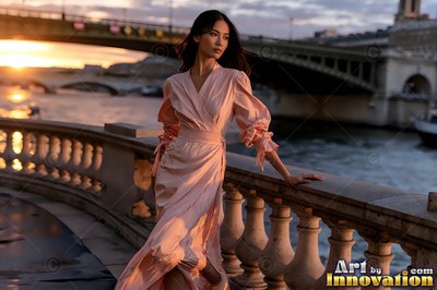 Woman on a zinc rooftop in the 18th in Paris, chimney pots running away behind her as golden hour turns the zinc warm