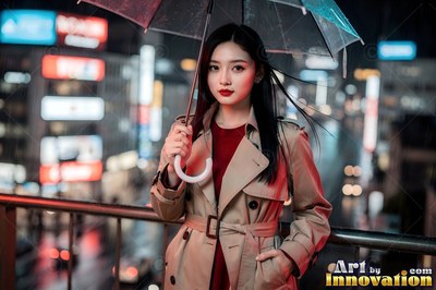 A woman under a run of red paper lanterns in a Tokyo izakaya alley, the alley dark beyond the close warm light