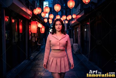 A woman under a run of red paper lanterns in a Tokyo izakaya alley, the alley dark beyond the close warm light