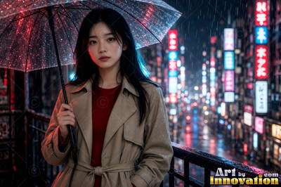 A woman under a run of red paper lanterns in a Tokyo izakaya alley, the alley dark beyond the close warm light