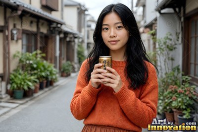 Woman at the edge of the Shibuya crossing in Tokyo, the crowd blurred behind her and a video screen washing color across her