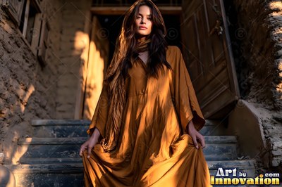 Walking down stone steps, a dark-haired woman gathers her long ochre dress