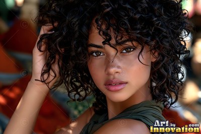 A woman with curly dark hair touches her curls in the warm afternoon light