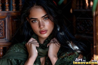 Holding her green scarf, a dark-haired woman sits in soft shade near carved wood