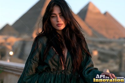 A woman in dark green sits before the Giza pyramids