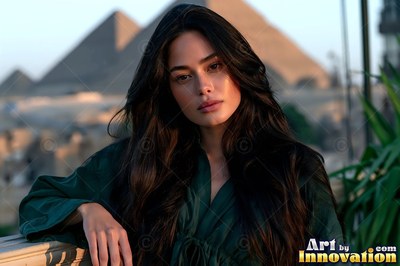 A woman in a dark green dress rests on a balcony before the Giza pyramids