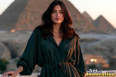 A woman rests on a balcony before the pyramids in soft golden evening light