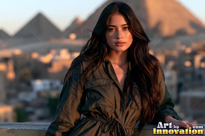 Leaning forward on a rooftop terrace, a woman looks out before the pyramids
