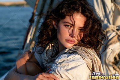 A curly-haired woman in a light top rests on a boat at sunset on blue water