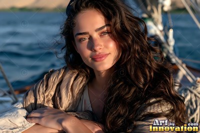 Riding on a boat, a woman with long dark wavy hair smiles softly by the water